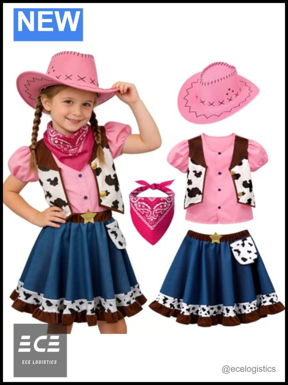 Girls Cowgirl Costume Set Western Outfit Shirt Skirt Hat Bandana